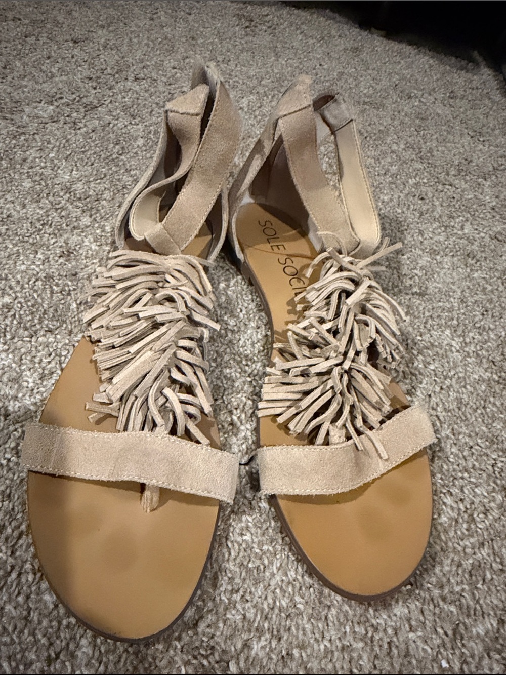 Sole Society Fringed Suede Ankle-Tie Sandals in Beige